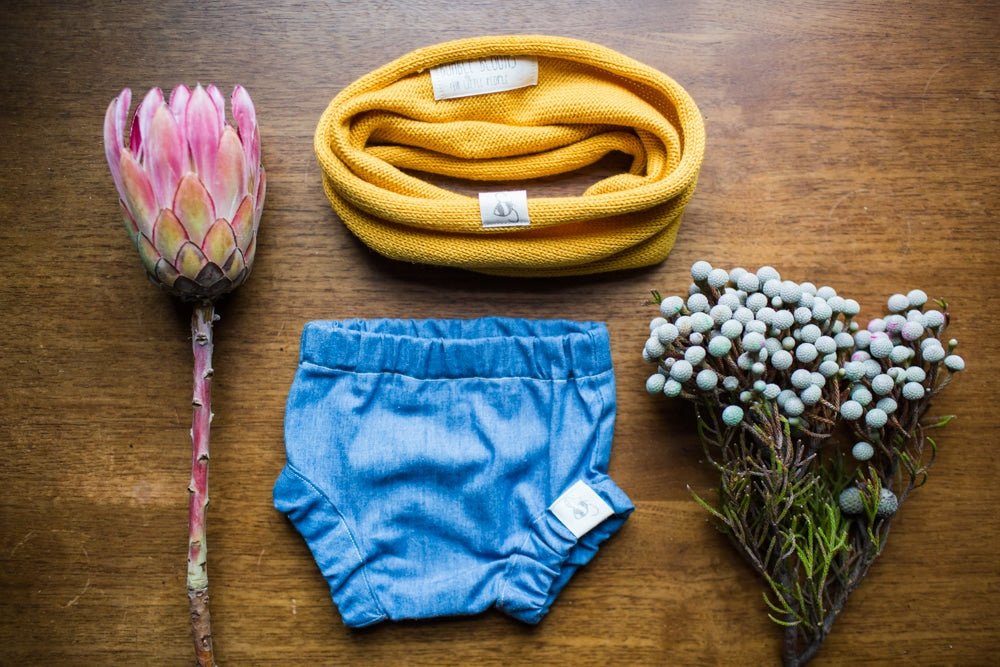 Light denim bloomers and mustard snood by Bumble Blooms