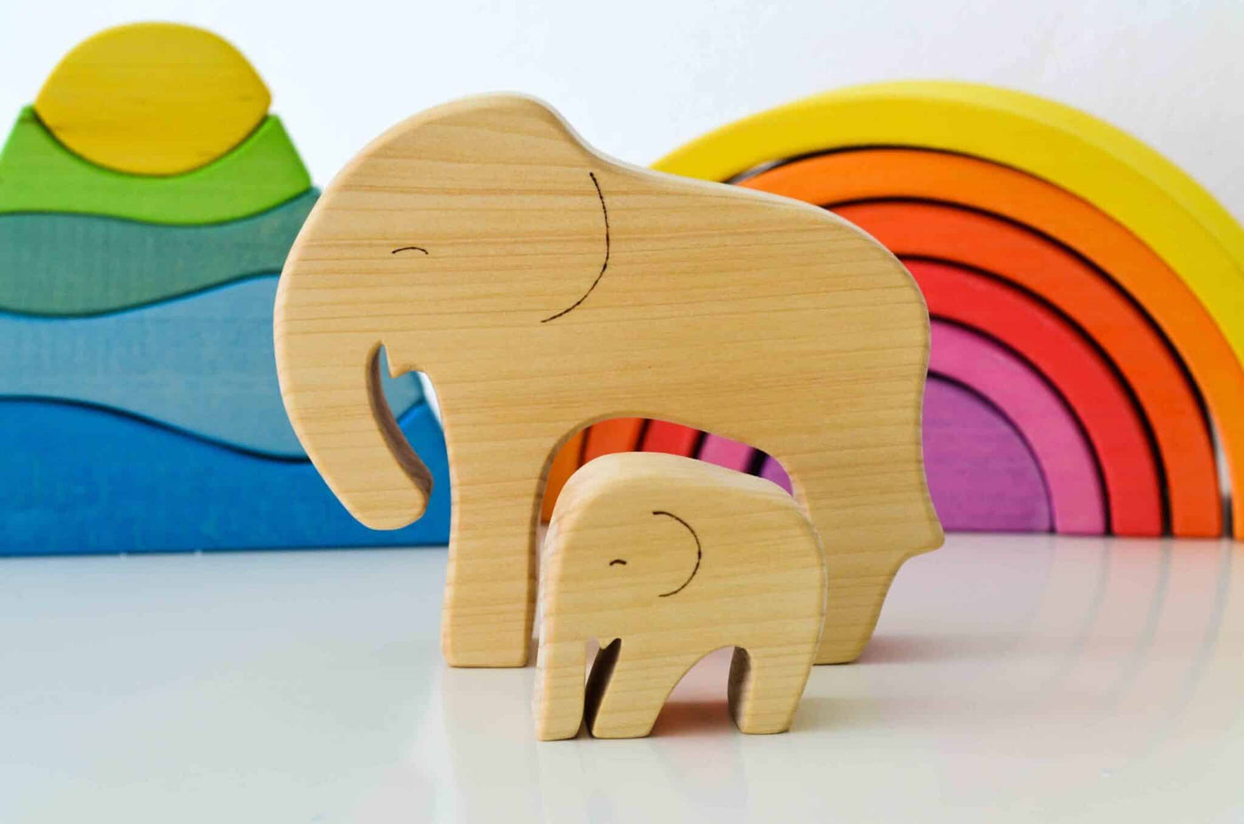 Ocamora Wooden Elephant with Baby