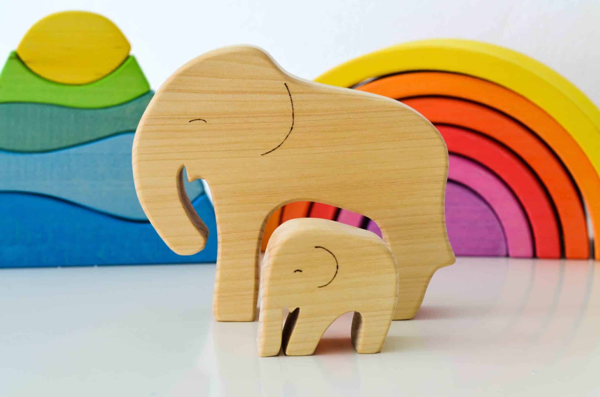 Ocamora Wooden Elephant with Baby
