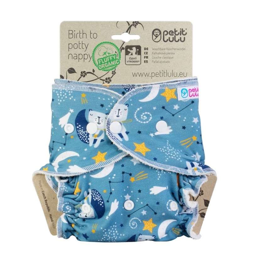 Petit Lulu Fitted Nappy Fluffy Organic (One Size) - Bears on the Moon (Snaps)
