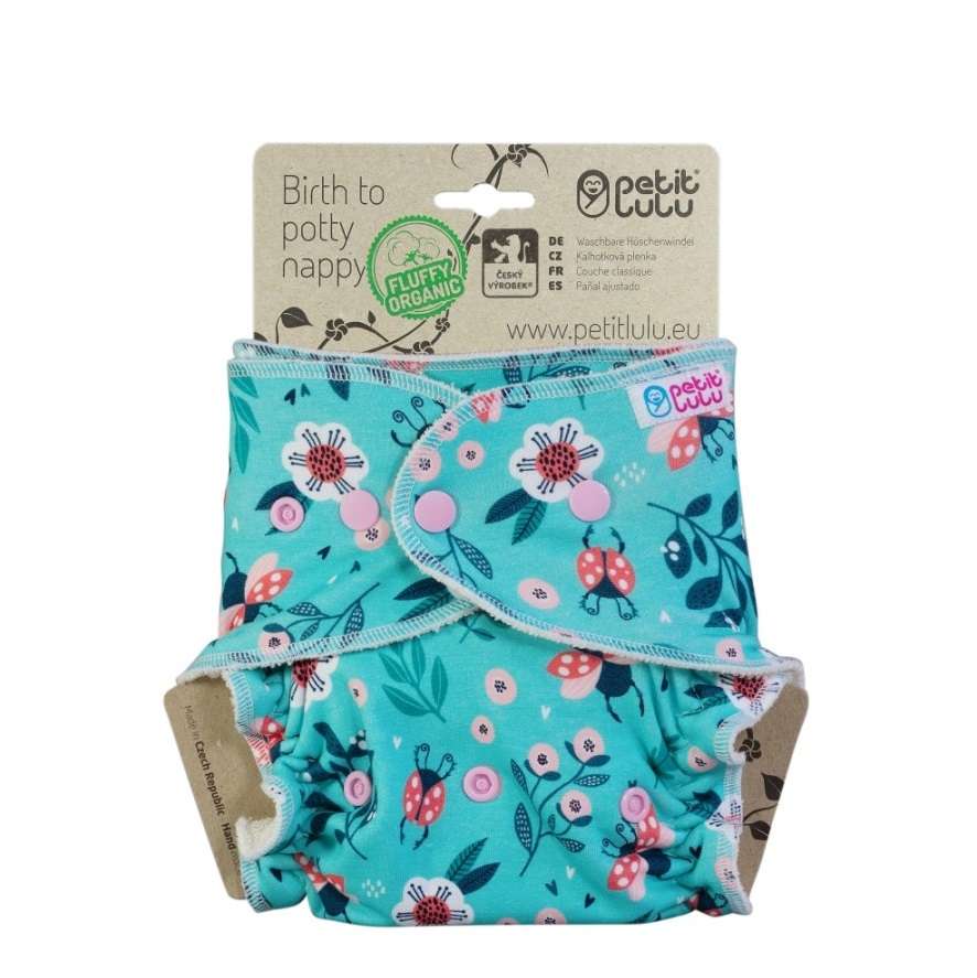 Petit Lulu Fitted Nappy Fluffy Organic (One Size) - Ladybirds in the Meadow (Snaps)