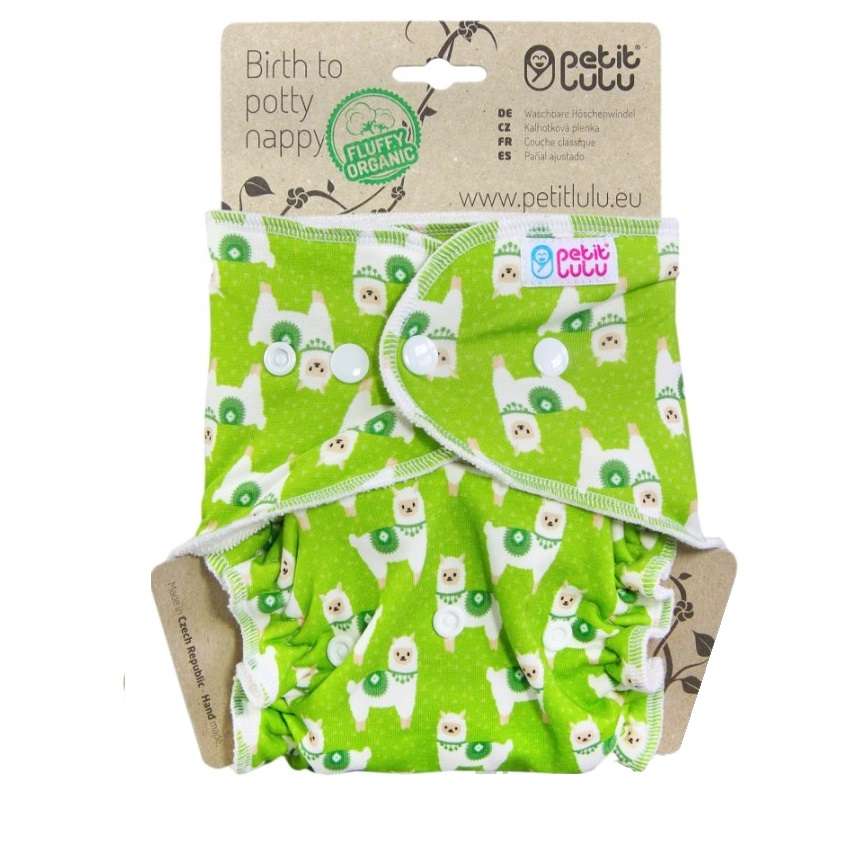 Petit Lulu Fitted Nappy Fluffy Organic (One Size) - Poppers, Alpacas