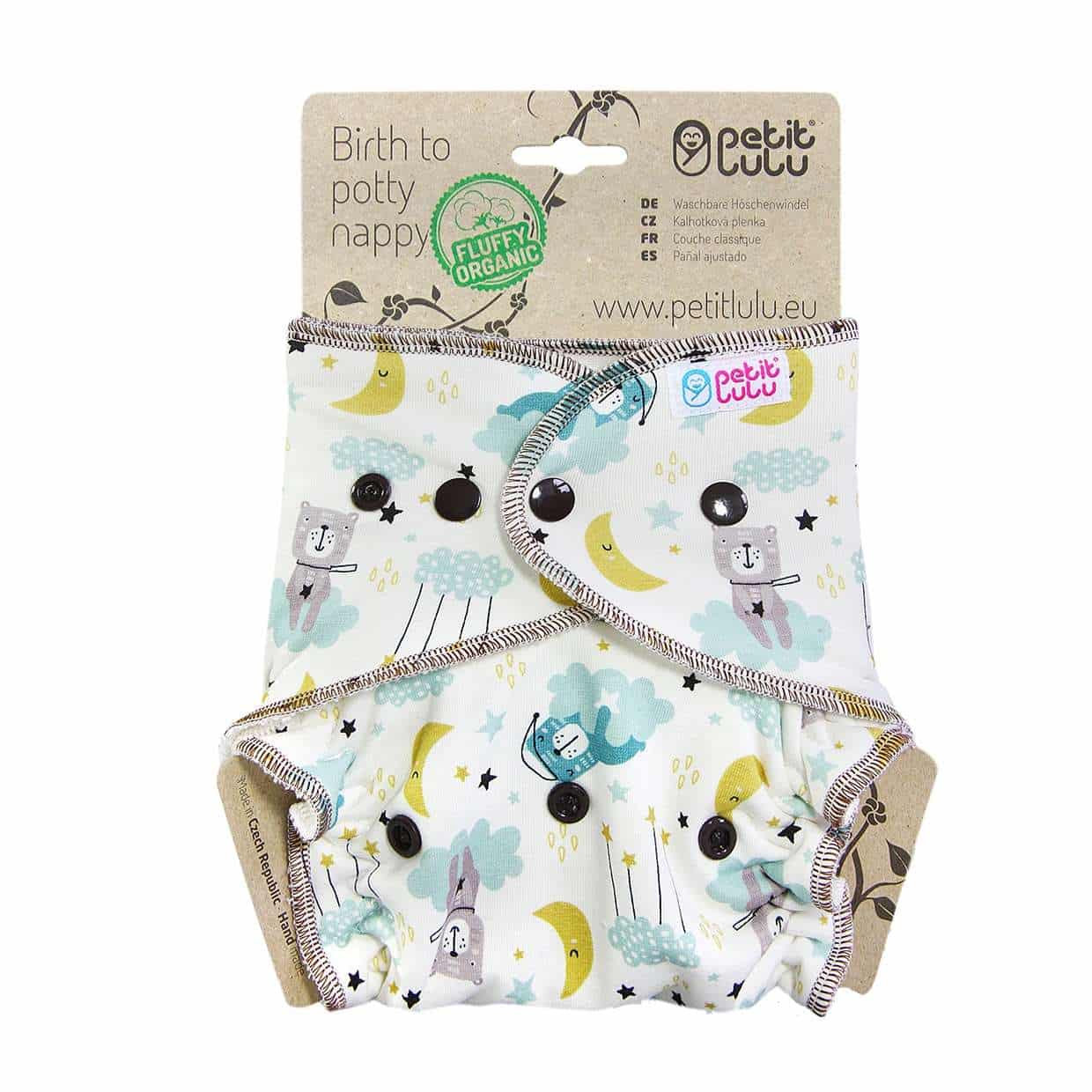 Petit Lulu Fitted Nappy Fluffy Organic (One Size) - Poppers, Good night