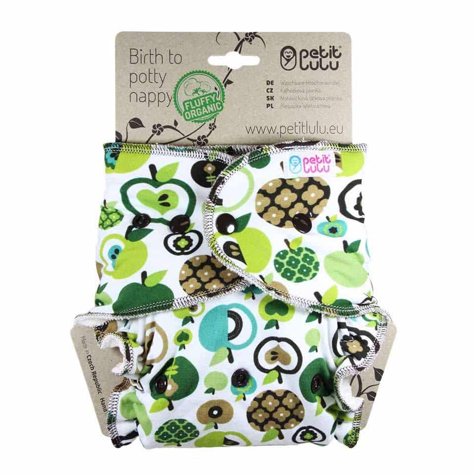 Petit Lulu Fitted Nappy Fluffy Organic (One Size) - Poppers, Green Apples