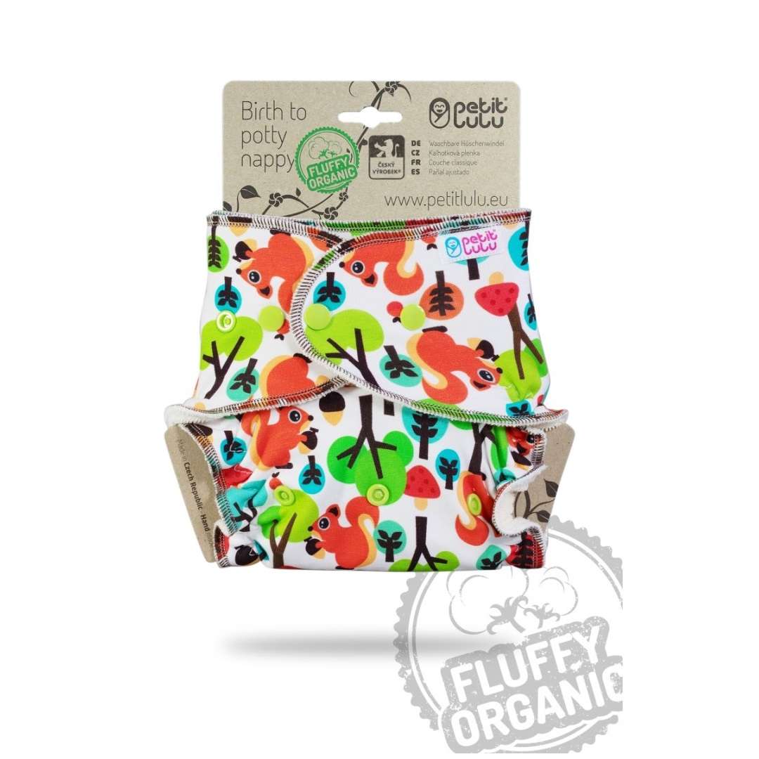 Petit Lulu Fitted Nappy Fluffy Organic (One Size) - Squirrels (Snaps)