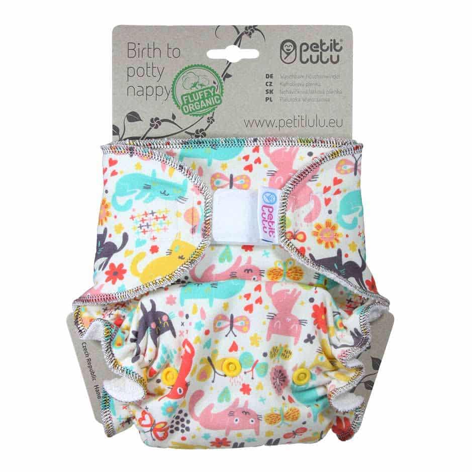 Petit Lulu Fitted Nappy Fluffy Organic (One Size) - Velcro, Cat Meadow