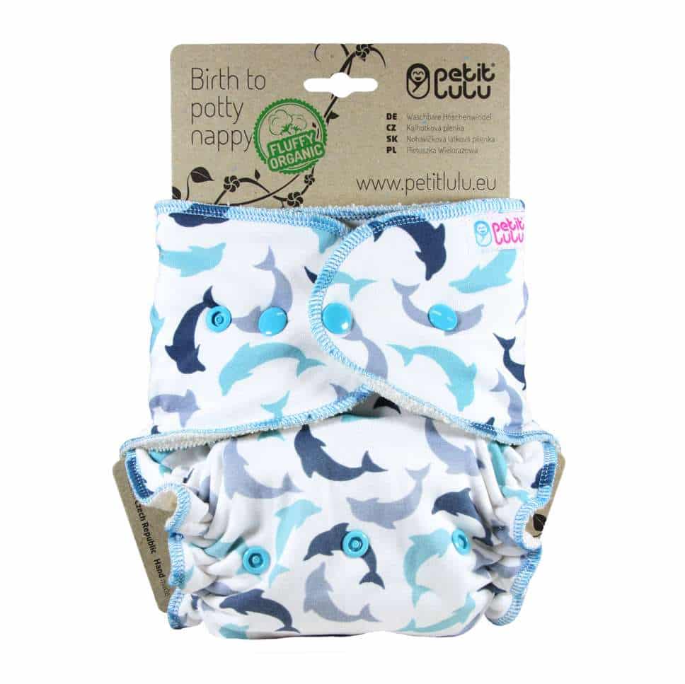 Petit Lulu Fluffy Organic Fitted Nappy (Maxi) - Snaps, Little Dolphins