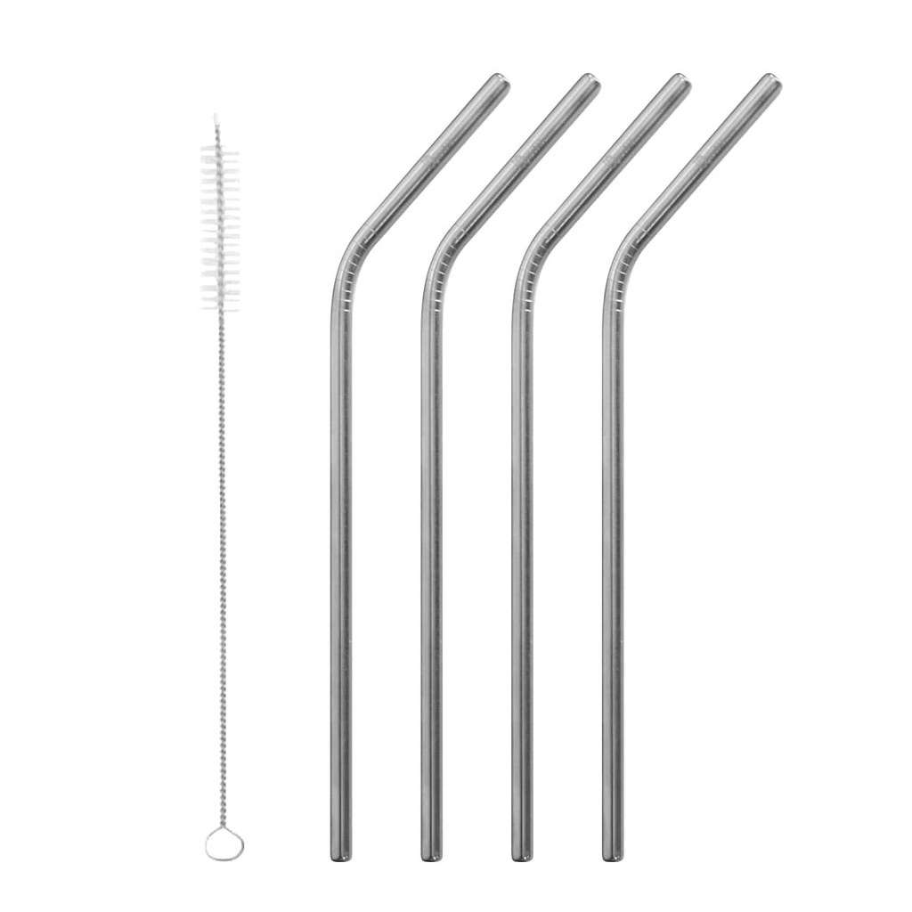 Qwetch Stainless Steel, Bent Straws (Set of 4 + Brush)